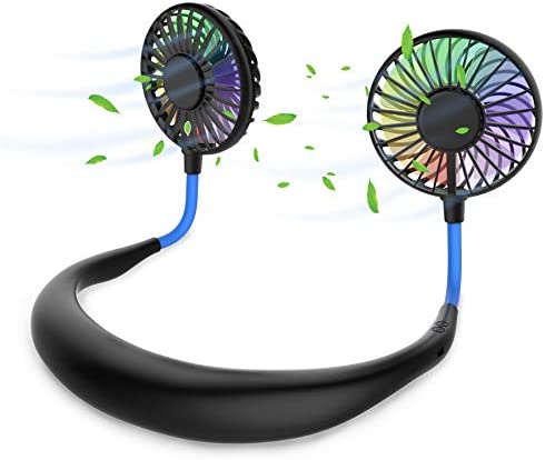 Hands Free Portable Neck Fan - Rechargeable Mini USB Personal Fan Battery Operated with 3 Level Air Flow, 7 LED Lights for Home Office Travel Indoor Outdoor (Black+Blue)