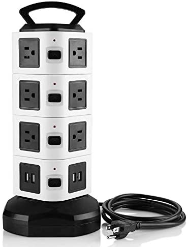 LazyElf Power Strip Tower,13A 1625W Surge Protector Power Strip with 4 USB Slot(5V/2.1A with Smart Charging Technology) 14 Outlet Plugs,Overload Protection for iPhone/iPad,6.6 ft Retractable Cord