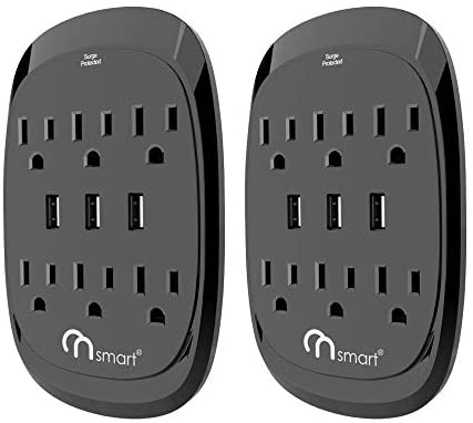 ONSMART USB Wall Tap Surge Protector with 6 outlets 3 USB, 3.4A Output, Portable Wall-Mount Socket, 300J Surge Protection & Smart Charging for Home- Office- Kitchen- Travel (2 Pack)