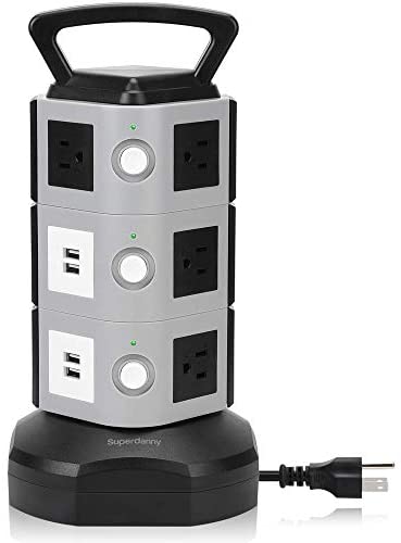 Surge Protector Power Strip Tower - SUPERDANNY 3000W 13A with 4.2A 4 USB Slot 10 Outlets 16AWG 6.5ft Heavy Duty Cord Wire Extension Electric Charging Station Universal Socket for iPhone iPad PC Laptop