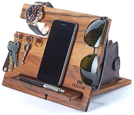 TESLYAR Natural Walnut Wood Phone Docking Station Hooks Key Holder Wallet Stand Watch Organizer Men Gift Husband Anniversary Birthday Nightstand Purse Father Graduation Male Travel Idea Gadgets Solid