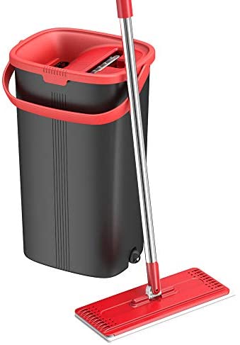 TETHYS Flat Floor Mop and Bucket Set for Professional Home Floor Cleaning System with Aluminum Handle/2-Washable Microfiber Pads Perfect Home + Kitchen Cleaner for Hardwood, Laminate, Tiles, Vinyl