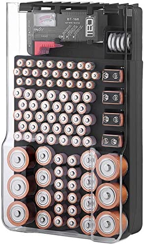 The Battery Organizer TBO1531 The Batt Storage Case with Hinged Clear Cover, Includes a Removable Tester, Holds 93 Batteries Various Sizes, Black