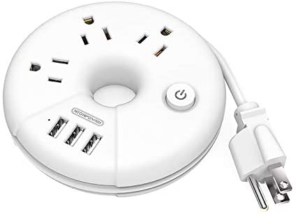 Travel Power Strip, NTONPOWER 3 Outlets 3 USB Portable Desktop Charging Station Short Extension Cord 15 inch for Office, Home, Hotels, Cruise Ship, Nightstand - White