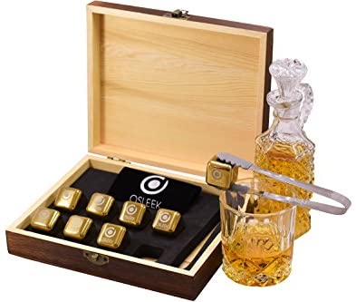 Whiskey Stones - Set of 8 Titanium Gold Plated Stainless Steel Chilling Rocks Stored In A Premium Handmade Quality Wood Gift Box - Velvet Freezing Bag And Tong Included