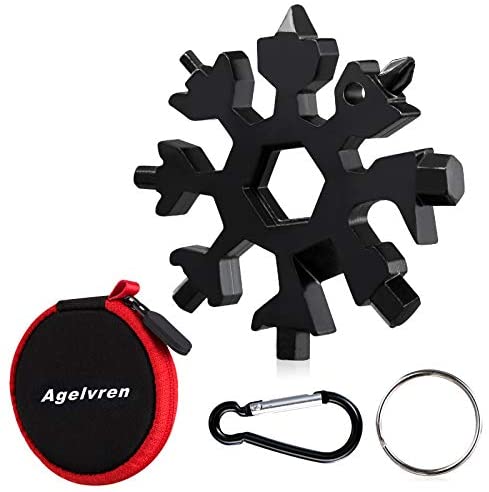 18-in-1 Snowflake Multi Tool,Stainless Steel Snowflake Bottle Opener/Flat Phillips Screwdriver Kit/Wrench,Outdoor EDC Tools,Snowflake tool with Key Ring,Carabiner Clip,Gifts for Men(Black)