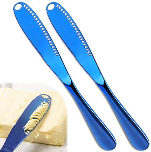 2 Pack Stainless Steel Butter Spreader Knife, 3 in 1 Kitchen Gadgets, Curler, Butter Grater, Multi-Function Butter Spreader and Grater with Serrated Edge, Shredding Vegetables Fruits (Blue)