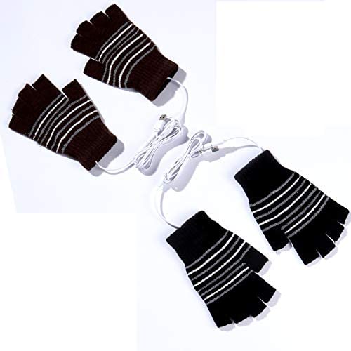 2 Pairs USB Heated Gloves for Men and Women, USB 2.0 Powered Stripes Heating Pattern Knitting Wool Heating Mittens Hands Warmer Fingerless Washable Design Winter Gift (Black & brown)