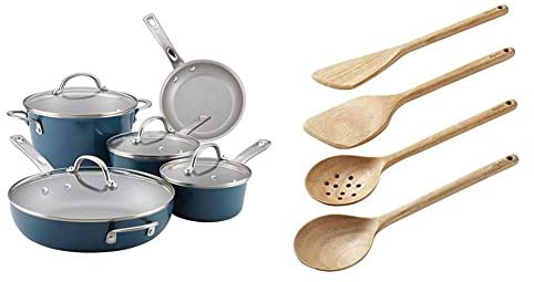 Ayesha Curry Home Collection Nonstick Cookware Pots and Pans Set, 9 Piece & Kitchen Gadgets Parawood Cooking Set with Pan Paddle, Multipurpose Tool, Solid and Slotted Spoon, 4 Piece, Brown