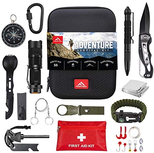 Frontera Survival Kit, 55 Pcs, Gifts for Men, Camping Accessories, Survival Gear and Equipment, Tactical Gear, First Aid Kit, Emergency Kit, Cool Gadgets for Men, EDC, Bugout Bag, Hiking Gear.