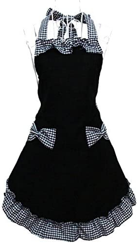 Hyzrz Cute Retro Lovely Vintage Lady's Kitchen Fashion Flirty Women's Aprons with Pockets Black Patterns for Mother's Day Gift