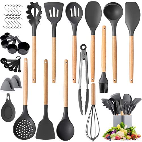 Kitchen Cooking Utensils Set, Senbowe 36 pcs Non-stick Silicone Cooking Kitchen Utensils Spatula Set with Holder,Wooden Handles, Non Toxic Silicone Turner Tongs Spoon Kitchen Gadgets Utensil Set
