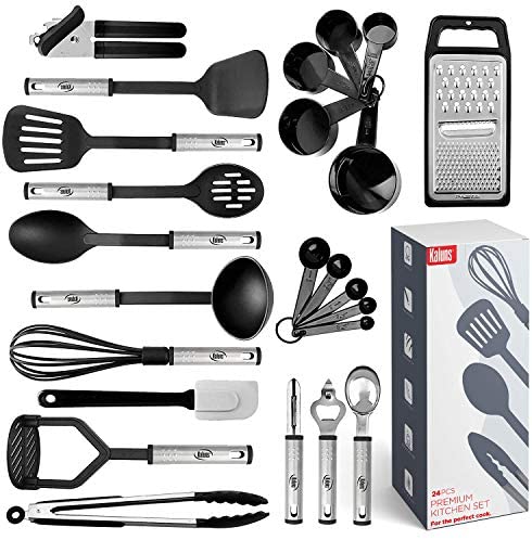 Kitchen Utensil Set 24 Nylon and Stainless Steel Utensil Set, Non-Stick and Heat Resistant Cooking Utensils Set, Kitchen Tools, Useful Pots and Pans Accessories and Kitchen Gadgets (Black)