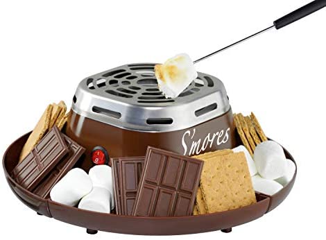 Nostalgia Indoor Electric Stainless Steel S'mores Maker with 4 Compartment Trays for Graham Crackers, Chocolate, Marshmallows and 2 Roasting Forks, Brown