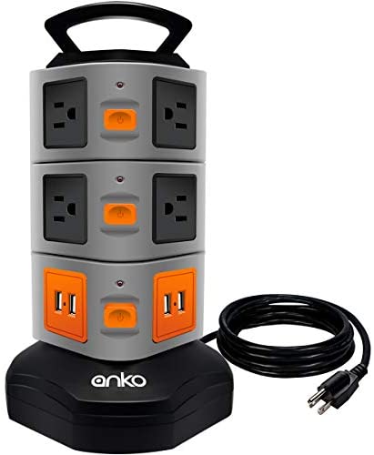 Power Strip Tower, ANKO 3000W 13A 16AWG Surge Protector Electric Charging Station, 10 Outlet Plugs with 4 USB Slot 6feet Cord Wire Extension Universal Charging Station (1-Pack)