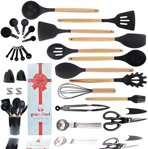 Premium Silicone Cooking Kitchen Utensil Set，Grandfort 28 pcs Cooking Utensils Spatula Set with Holder Wooden Handle Heat Resistant Gadgets Utensil Set for gift and Non-stick BPA Free (Black)