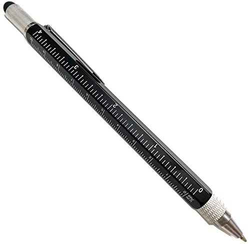 RENXING 6 in 1 Screwdriver Tech Tool Pen Multitool Ballpoint Pens 0.7mm Black Ink with 4 Refills Touchscreen Stylus cm inch Ruler Handy Levelgauge Pocket Gadget Kit for Men Women Girls Boys,New Black