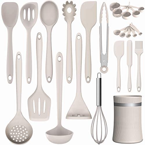 Silicone Cooking Utensil Kitchen Utensil Set, 24 Pcs Non-stick Cooking Utensils Spatula Set with Holder by AIKKIL, Heat Resistant Kitchen Gadgets Tools Set for Cookware(Khaki) Roll over image to zoom