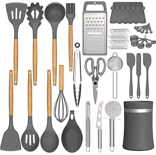 Silicone Cooking Utensils Kitchen Utensil Set, AIKKIL 32pcs Non-stick Kitchen Cooking Utensil Spatula Set with Holder, Heat Resistant Wooden Handle Kitchen Gadgets Tools Set (Grey)