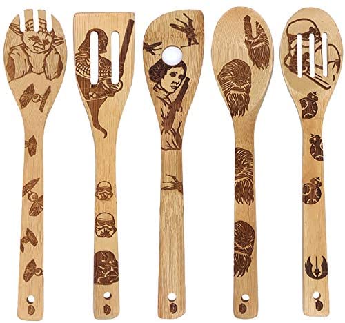 Star Wars Burned Wooden Spoons Utensil Set Gift Idea for Women and Men， 5 Piece Cooking Serving Utensils Natural Bamboo Kitchen House Warming Presents Slotted Spoon