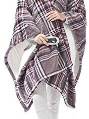 Beautyrest Ultra Soft Sherpa Berber Fleece Electric Poncho Wrap Blanket Heated Throw with Auto Shutoff, 50" W x 64" L, Grey Plaid