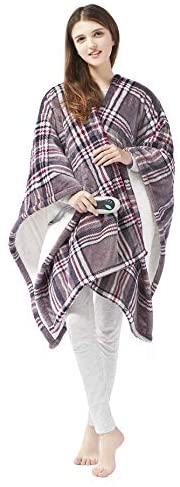 Beautyrest Ultra Soft Sherpa Berber Fleece Electric Poncho Wrap Blanket Heated Throw with Auto Shutoff, 50" W x 64" L, Grey Plaid