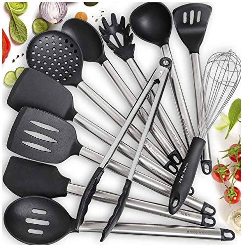Home Hero 11 Silicone Cooking Utensils Kitchen Utensil Set - Stainless Steel Silicone Kitchen Utensils Set - Silicone Utensil Set Spatula Set - Silicone Utensils Cooking Utensil Set Salad Tongs