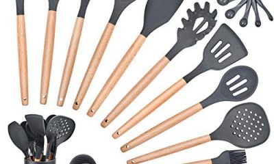 Homikit 25-Piece Kitchen Cooking Utensils Set with Holder, Silicone Spatula Spoon Ladle Turner Skimmer for Nonstick Cookware, Kitchen Tools Gadgets with Wooden Handle, Gray