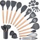 Homikit 25-Piece Kitchen Cooking Utensils Set with Holder, Silicone Spatula Spoon Ladle Turner Skimmer for Nonstick Cookware, Kitchen Tools Gadgets with Wooden Handle, Gray