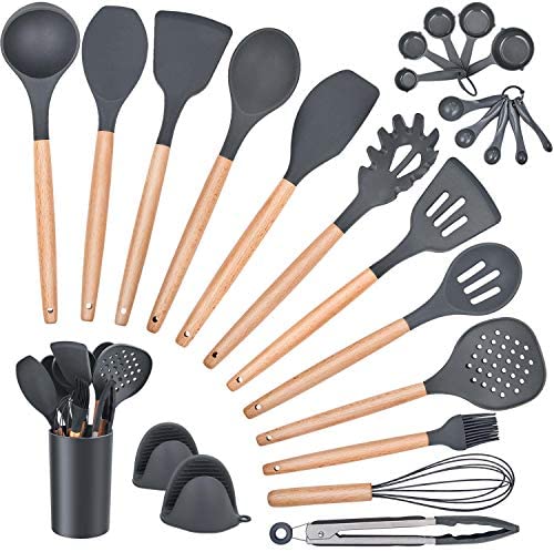 Homikit 25-Piece Kitchen Cooking Utensils Set with Holder, Silicone Spatula Spoon Ladle Turner Skimmer for Nonstick Cookware, Kitchen Tools Gadgets with Wooden Handle, Gray