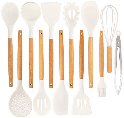 Kitchen Silicone Cooking Utensil Set. 13 BPA Free Non-Stick Silicone Kitchen Utensils with Stand. Heat Resistant Cooking Utensils with Wooden Handles.