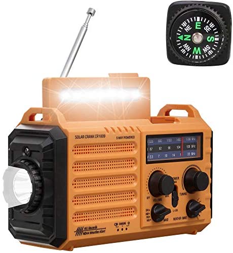NOAA Weather Radio,5-Way Powered Solar Hand Crank Emergency AM/FM/Shortwave Survival Weather Alert Radio Portable Rechargeable Battery/Cellphone USB Charger,LED Flashlight/Reading Lamp,SOS&Compass