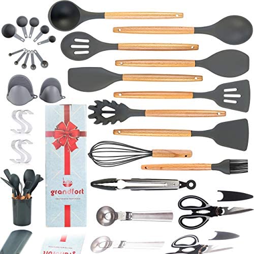 Premium Silicone Cooking Kitchen Utensil Set，Grandfort 28 pcs Cooking Utensils Spatula Set with Holder Wooden Handle Heat Resistant Kitchen Gadgets Utensil Set for gift and Non-stick BPA Free(Grey)