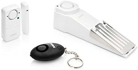 SABRE Dorm Apartment Security Alarm Kit - Includes Wedge Door Stop Alarm, Personal Keychain Alarm and Wireless Window Alarm with LOUD 120 dB Siren