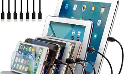 Simicore Charging Station for Multiple Devices, Certified 6 USB 50W 10A Fast Charging Dock, Non-Slip Surface, 7 Short Cables Included, Smart Phones, Tablets, Watch, Other Electronics Organizer, Silver