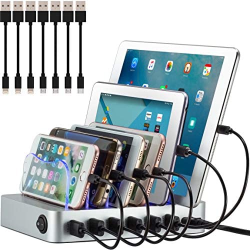 Simicore Charging Station for Multiple Devices, Certified 6 USB 50W 10A Fast Charging Dock, Non-Slip Surface, 7 Short Cables Included, Smart Phones, Tablets, Watch, Other Electronics Organizer, Silver