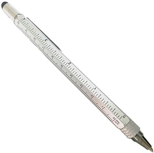 RENXING 6 in 1 Screwdriver Tech Tool Pen Multitool Ballpoint Pens 0.7mm Black Ink with 4 Refills Touchscreen Stylus cm inch Ruler Handy Levelgauge Pocket Gadget Kit for Men Women Girls Boys,New Silver