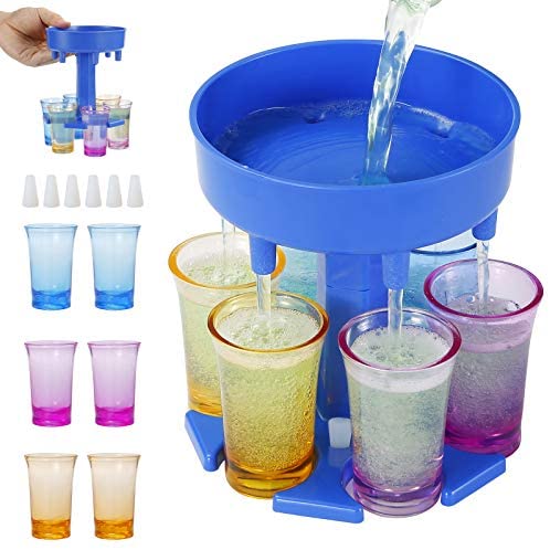 6 Ways Shot Glass Dispenser and Silicone Holders, Shot Glasses Hanging Holder Stand Rack With 6 Shot Glasses For Bar Home Cocktail/Party… (Blue)