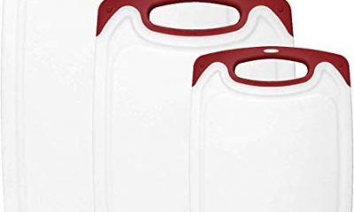 HOMWE Kitchen Cutting Board (3-Piece Set) - Juice Grooves with Easy-Grip Handles, Non-Porous, Dishwasher Safe - Multiple Sizes - Red