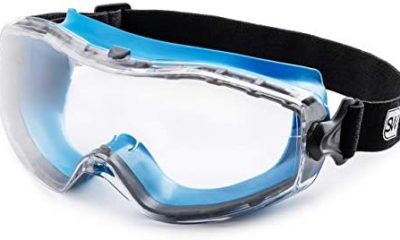 SolidWork Safety Goggles with Universal Fit | Eye Protective Safety Glasses for Construction Work | Scratch Resistant Goggle with UV-Protection and Anti-Fog | For Men & Women | Clear Lens | Blue