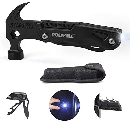 Survival Hammer Multitool with LED Light Camping Accessories 12 in 1 Outdoor Emergency Gear Portable Vehicle Escape Tool Stainless Cool Gadgets Idea Gifts for Dad Husband Boyfriend Men Women