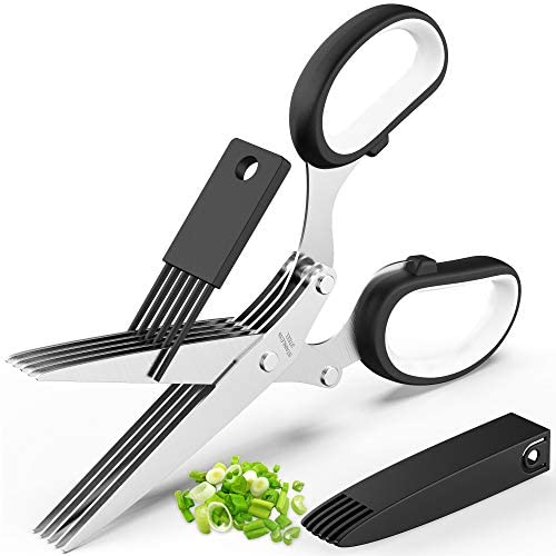Updated 2021 Herb Scissors Set - Cool Kitchen Gadgets for Cutting Fresh Garden Herbs - Herb Cutter Shears with 5 Blades and Cover, Sharp and Anti-rust Stainless Steel, Dishwasher Safe (Black-White)