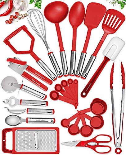 25 Kitchen Utensil Set Home Hero - Nylon Cooking Utensils - Kitchen Utensils with Spatula - Kitchen Gadgets Cookware Set - Kitchen Tool Set- Red