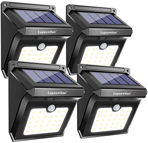 28 LEDs Solar Lights Outdoor, Luposwiten Solar Motion Sensor Lights Wireless Security Lights, 400 Lumen Waterproof Solar Powered Lights for Steps Yard Garage Porch Patio（4-Pack）