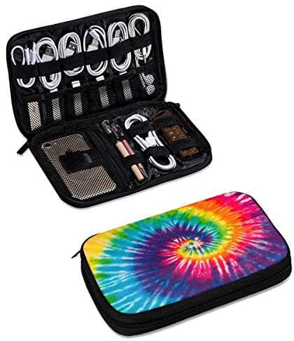 3D Tie Dye Electronics Organizer, Digital Gadget Organizers Cable Bag Pencil Case Accessories Double Layer Travel Cable Storage Bag for Cable,Portable Hard Drives,USB,Earphones,Power Banks M Thick