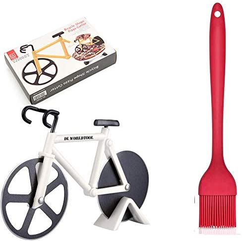 Bicycle Pizza Cutter with BBQ Brush,Non-stick Bike Pizza Slicer, Wheels Dual Stainless Steel Blades for Home, Cool Kitchen Gadget for Pizza Lovers