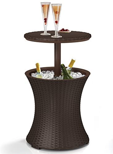 Keter Pacific Cool Bar Outdoor Patio Furniture and Hot Tub Side Table with 7.5 Gallon Beer and Wine Cooler, Brown