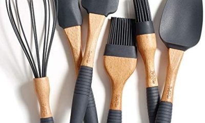 PortoFino 6 Pc. Baking Utensil Set – Beech Wood & Silicone – Cooking / Kitchen Tools – 9” Large Spatula, Small Spatula, Spoon Spatula, Flat Pastry Brush, Round Pastry Brush, 12” Whisk, Gray