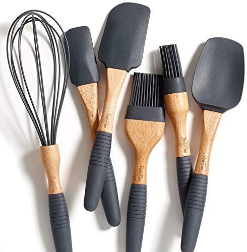 PortoFino 6 Pc. Baking Utensil Set – Beech Wood & Silicone – Cooking / Kitchen Tools – 9” Large Spatula, Small Spatula, Spoon Spatula, Flat Pastry Brush, Round Pastry Brush, 12” Whisk, Gray