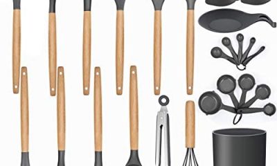 LIANYU 38 Pcs Kitchen Cooking Utensils Set with Holder, Heat Resistant Silicone Kitchen Utensil Spatula Set, Kitchen Gadgets Tools Set for nonstick Cookware Set, Wooden Handle, Grey